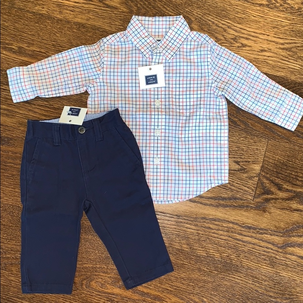 Janie and Jack button down and navy trousers 3-6